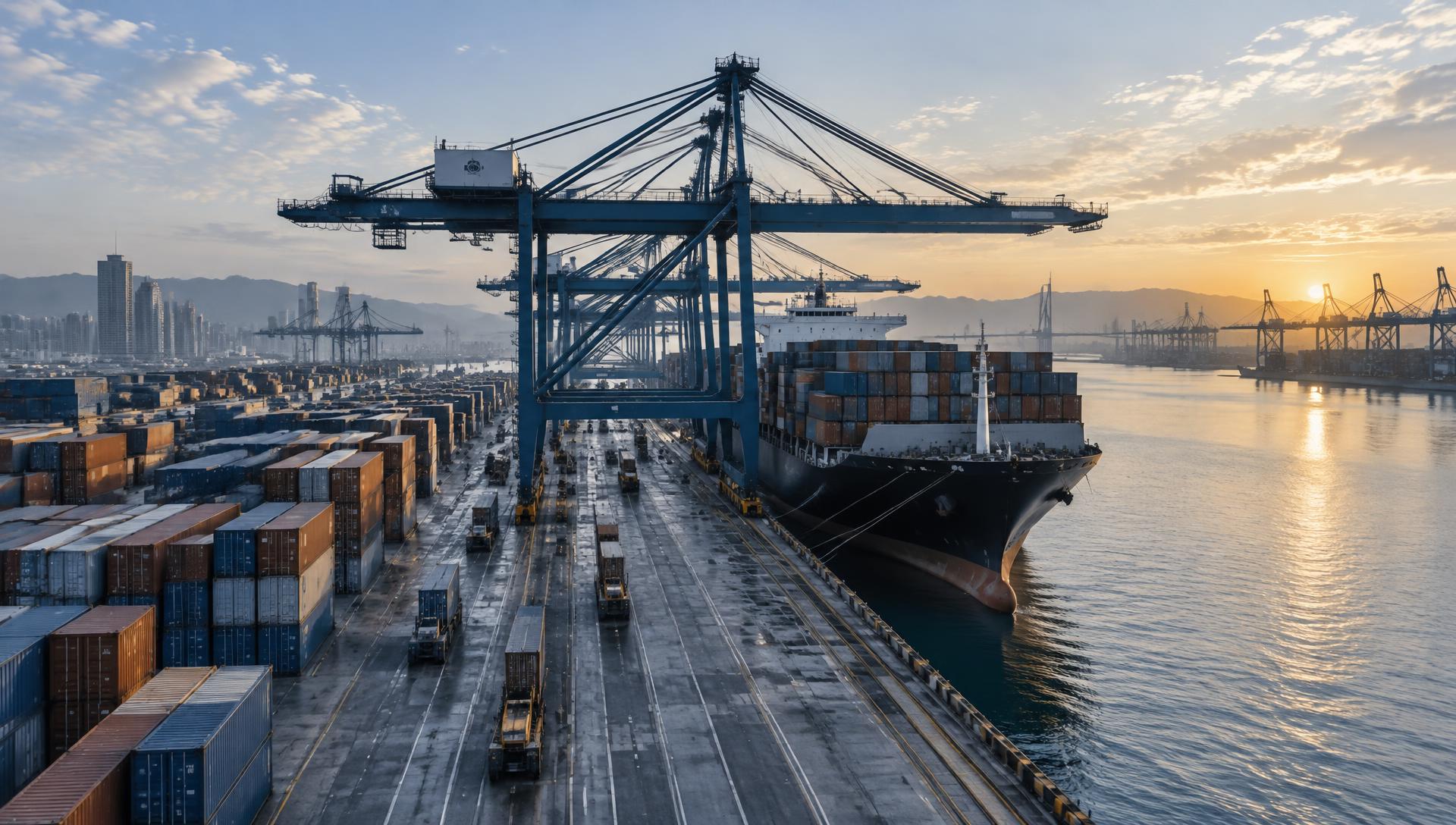 International cargo port and vessel at sunrise